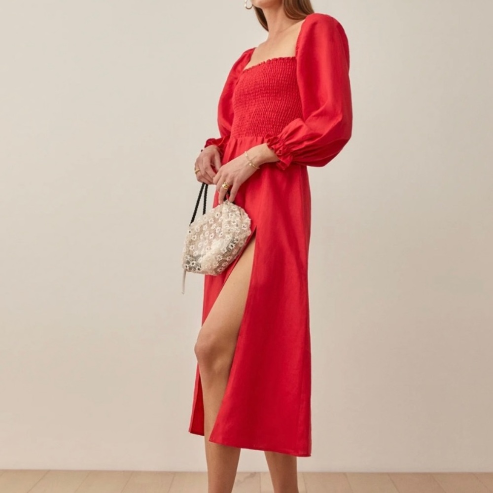 Reformation Linen Dress in Cherry